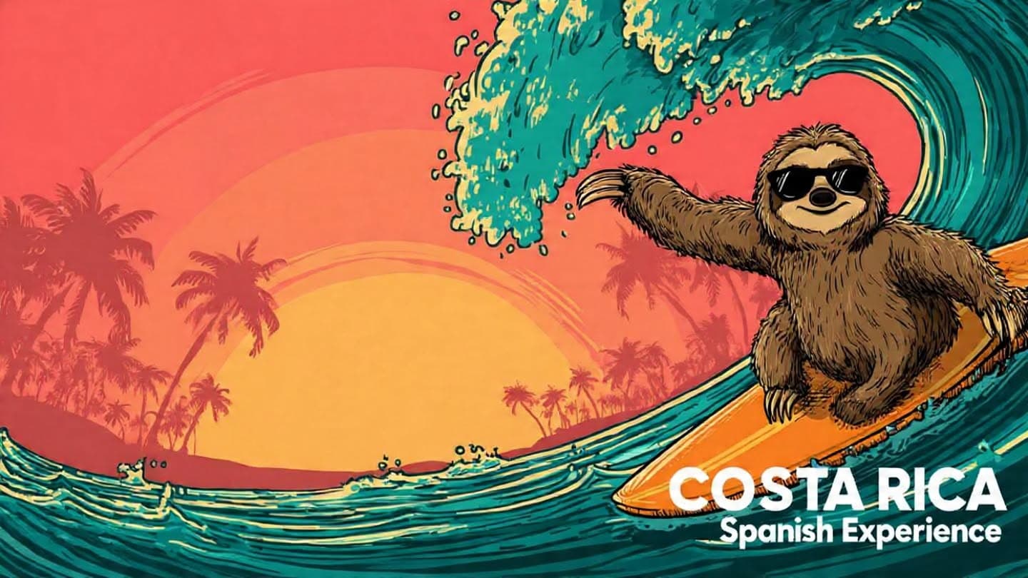 A sloth in sunglasses surfing a big wave at sunset, with palm trees behind — Costa Rica Spanish Experience.